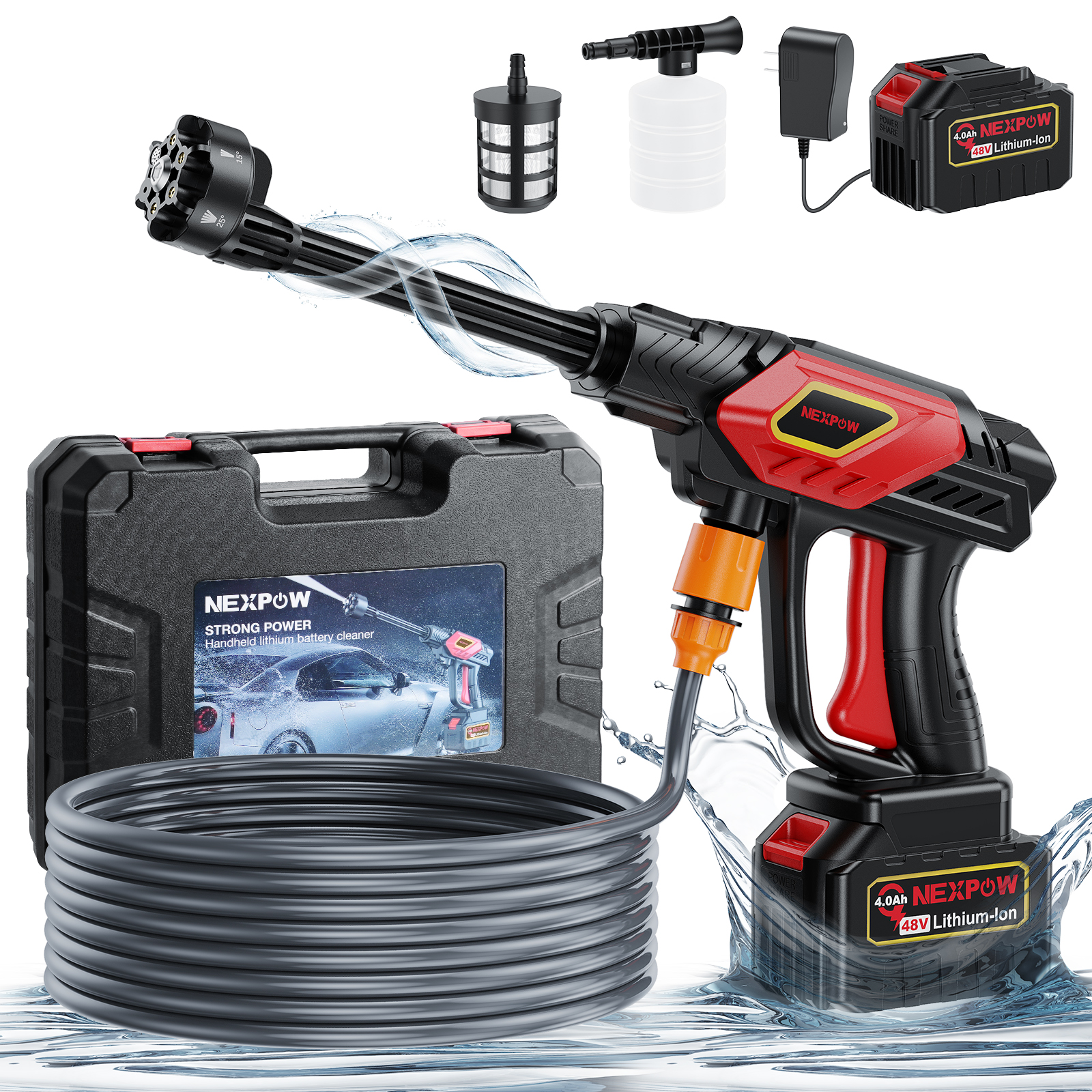 2025 Upgraded NEXPOW Cordless Pressure Washer, 24V Cordless Power Washer with 6-in-1 Adjustable Nozzle, Portable Water Gun with 32.8FT Water Pipe for Floor Cleaning